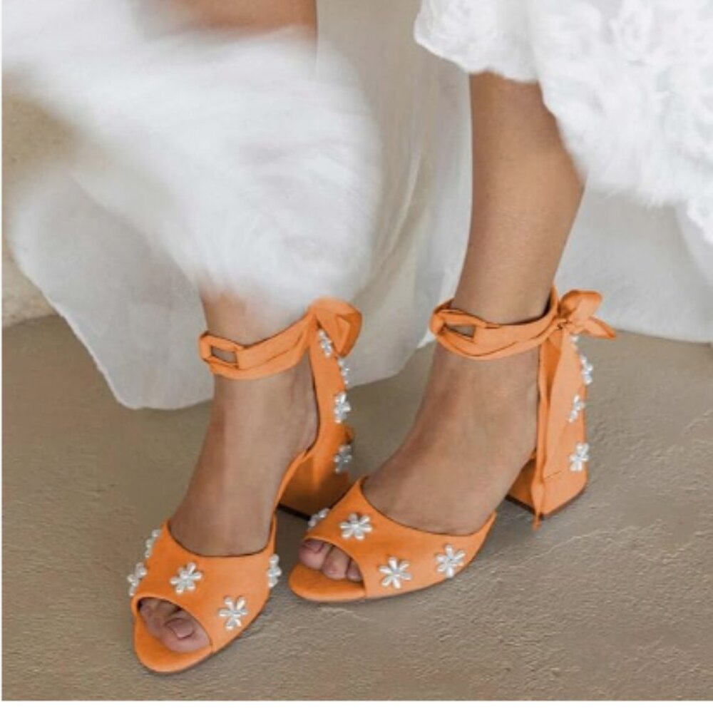 XYD Orange Open Toe Sandals Bloom Pearl Flower Ribbon Ankle Strap Bridal Shoes